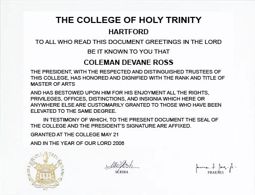 Trinity MA diploma, translated